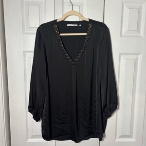 Violet & Claire Black Satin Blouse with Embellished Rhinestone V-Neck- Size 2X